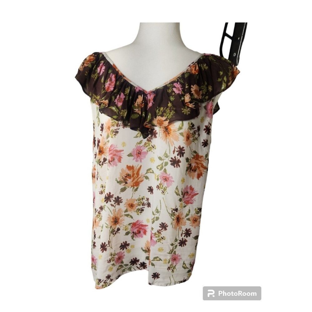 DR2 Womens Floral Size Large Ruffle Neck Top Color Ivory Light Weight New